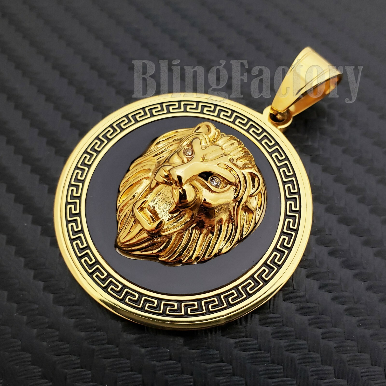 HIP HOP ICED BUST DOWN GOLD PT LION HEAD MEDALLION STAINLESS STEEL CHARM PENDANT