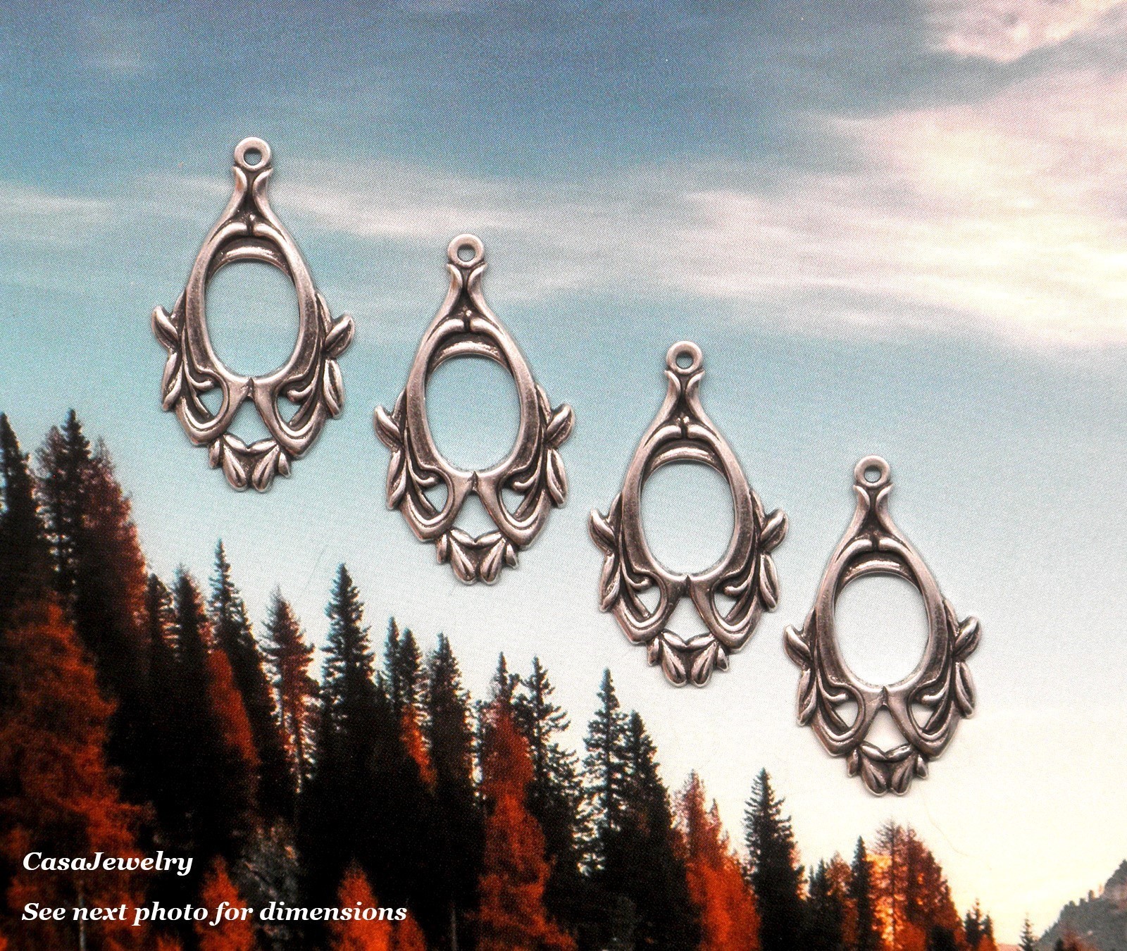 #0291 ANTIQUED .925 STERLING SILVER PLATED OPEN DROP W/TOP RING – 4 Pcs