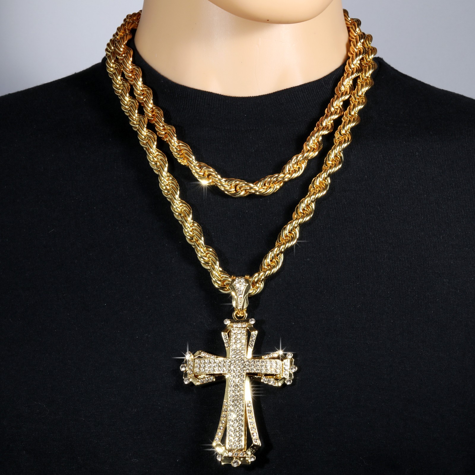 14K Rope Chain 10mm 20″ & 24″In | Large Hollow Cross Gold Plated Hip Hop Style