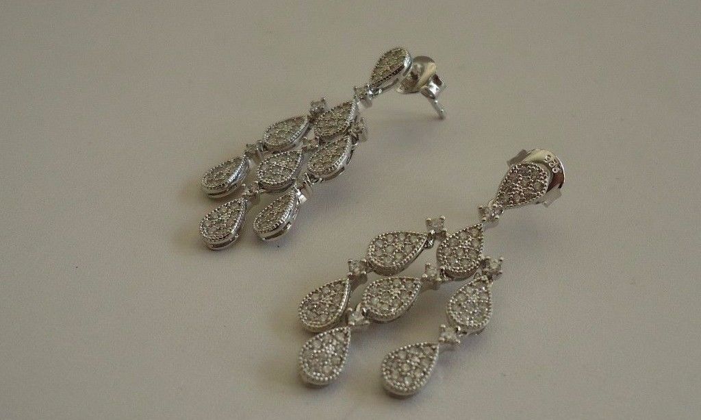 CHANDELIER DANGLING EARRINGS W/ 2 ct ACCENT/ 33MM BY 11MM /925 STERING SILVER