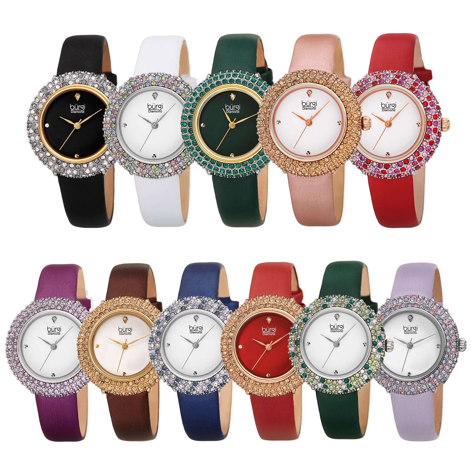 Women’s Burgi BUR227 Swarovski Crystal Diamond Marker Satin Leather Strap Watch