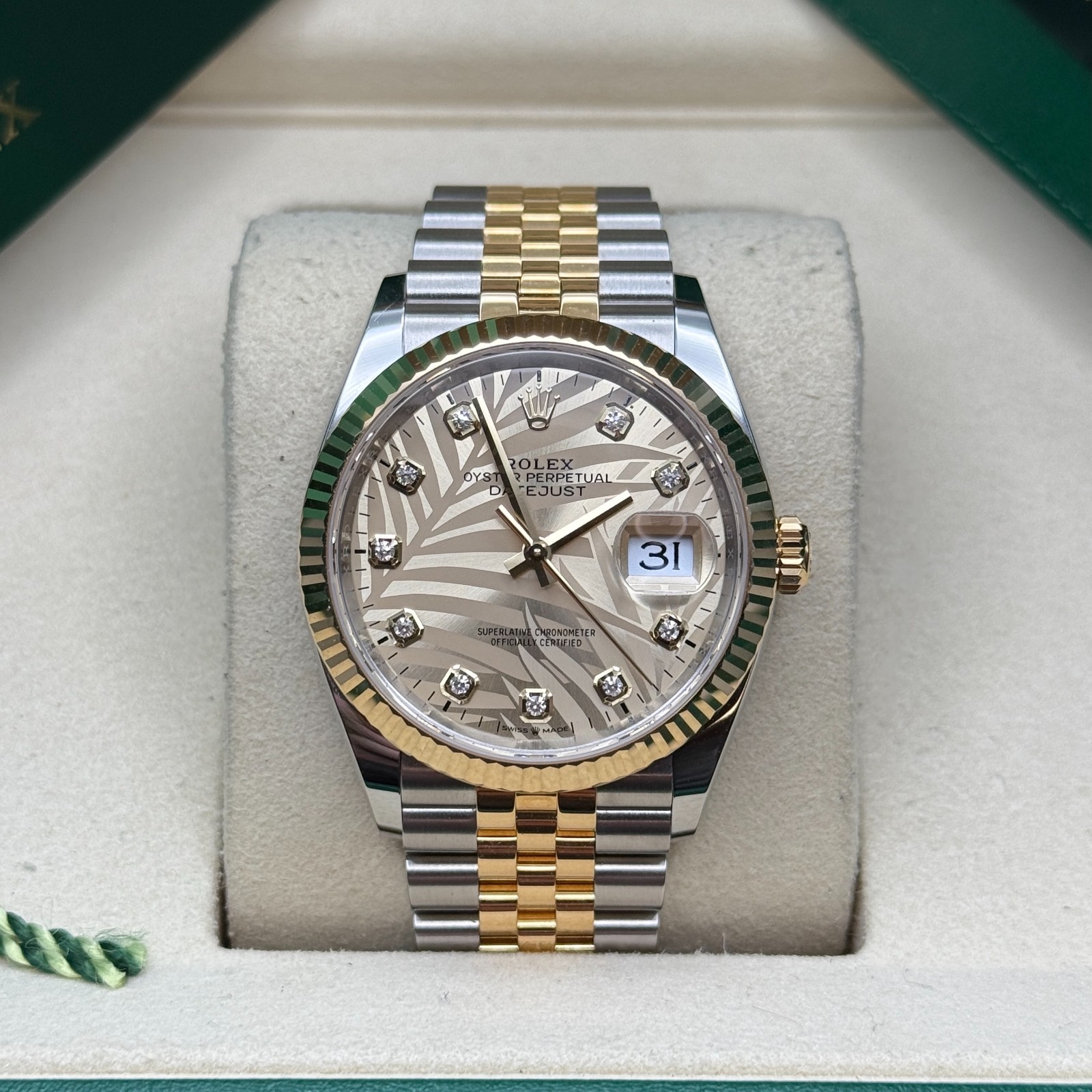 Rolex Datejust 36 Champagne Palm Diamond Two Tone Yellow Gold Fluted Jubilee
