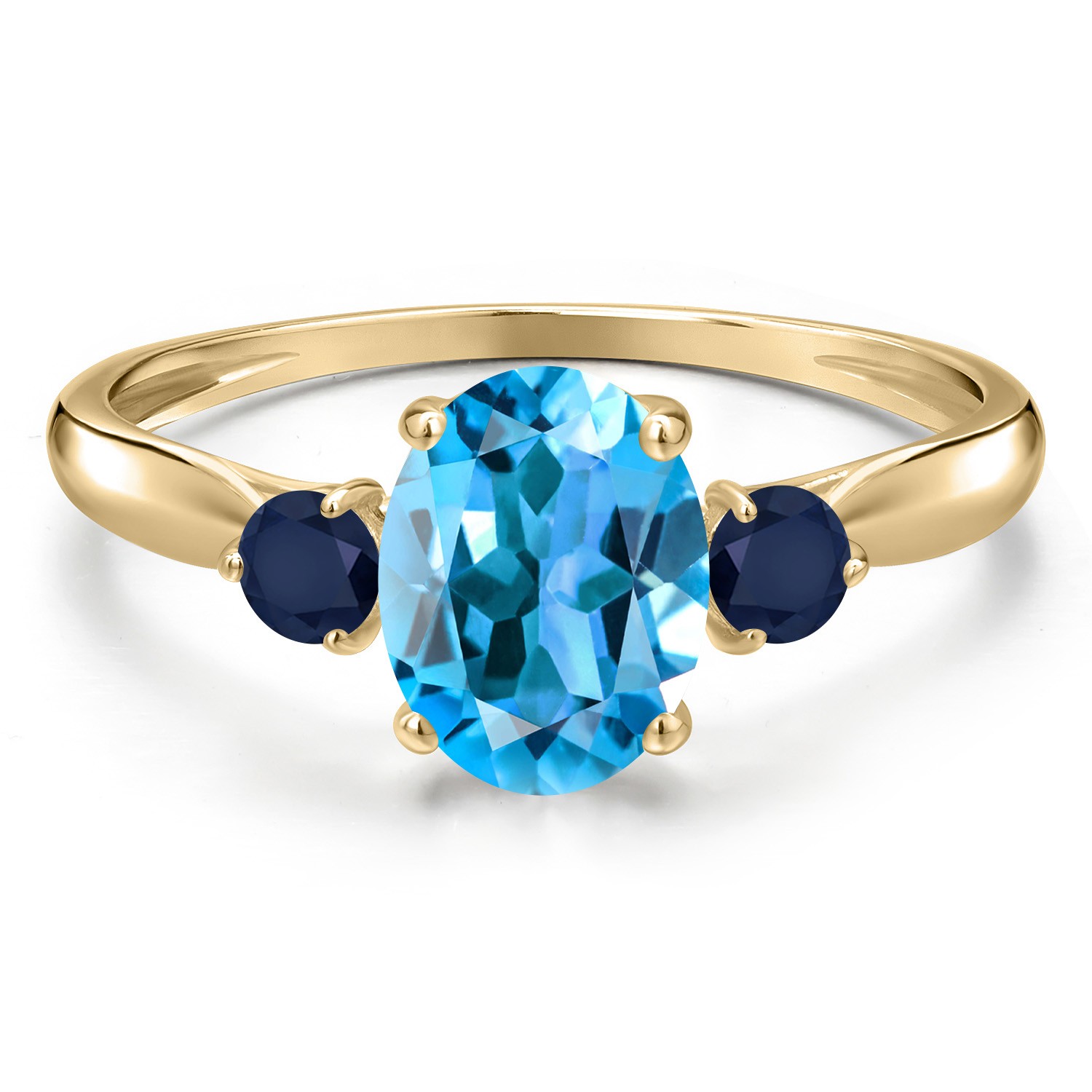 10K Yellow Gold Swiss Blue Topaz and Sapphire 3-Stone Ring For Women | 1.80