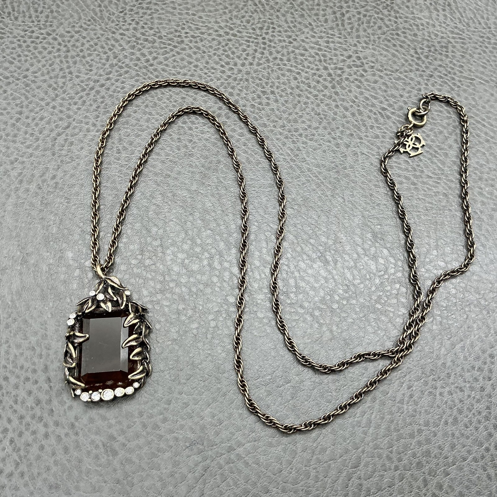 Ann Taylor Necklace Gold Tone Brown Glass Pendant Leaf Rhinestone Statement 26″