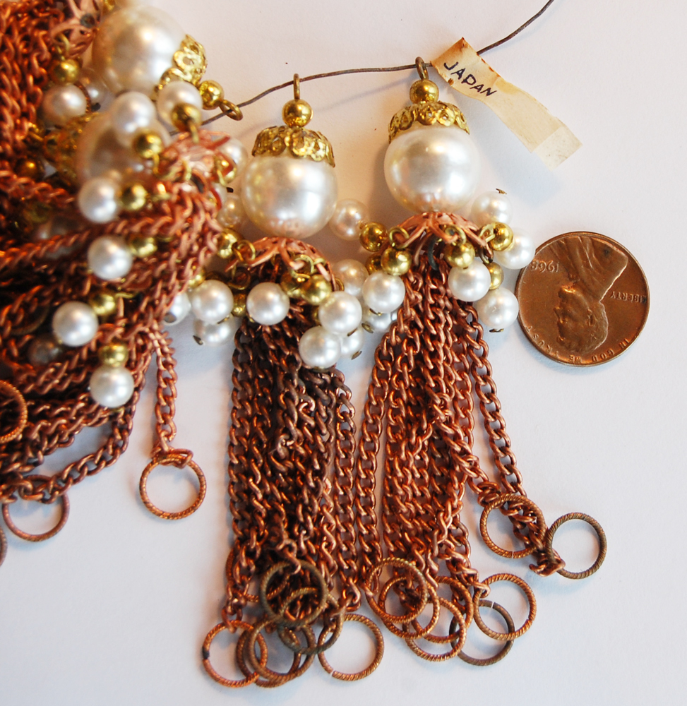 VINTAGE 2 PEARL CHAIN FRINGE TASSEL PENDANTS COPPER BRASS PEARLS • 3.5 inches