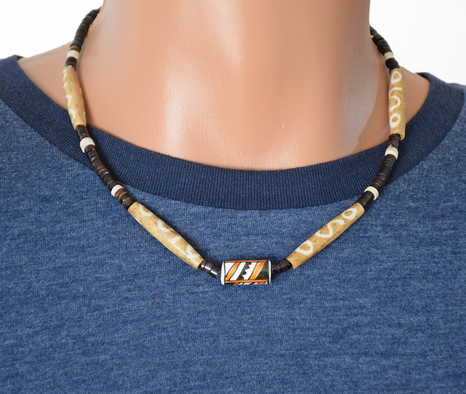 Ceramic Beads, Dyed Buffalo Bone & Black Lip Heishi Shell Necklace – 18.5″