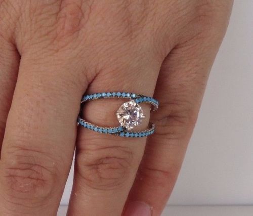 WEDDING RING 925 STERLING SILVER W/ LAB DIAMOND / TURQUOISE / SZ 5,6,7,8,9