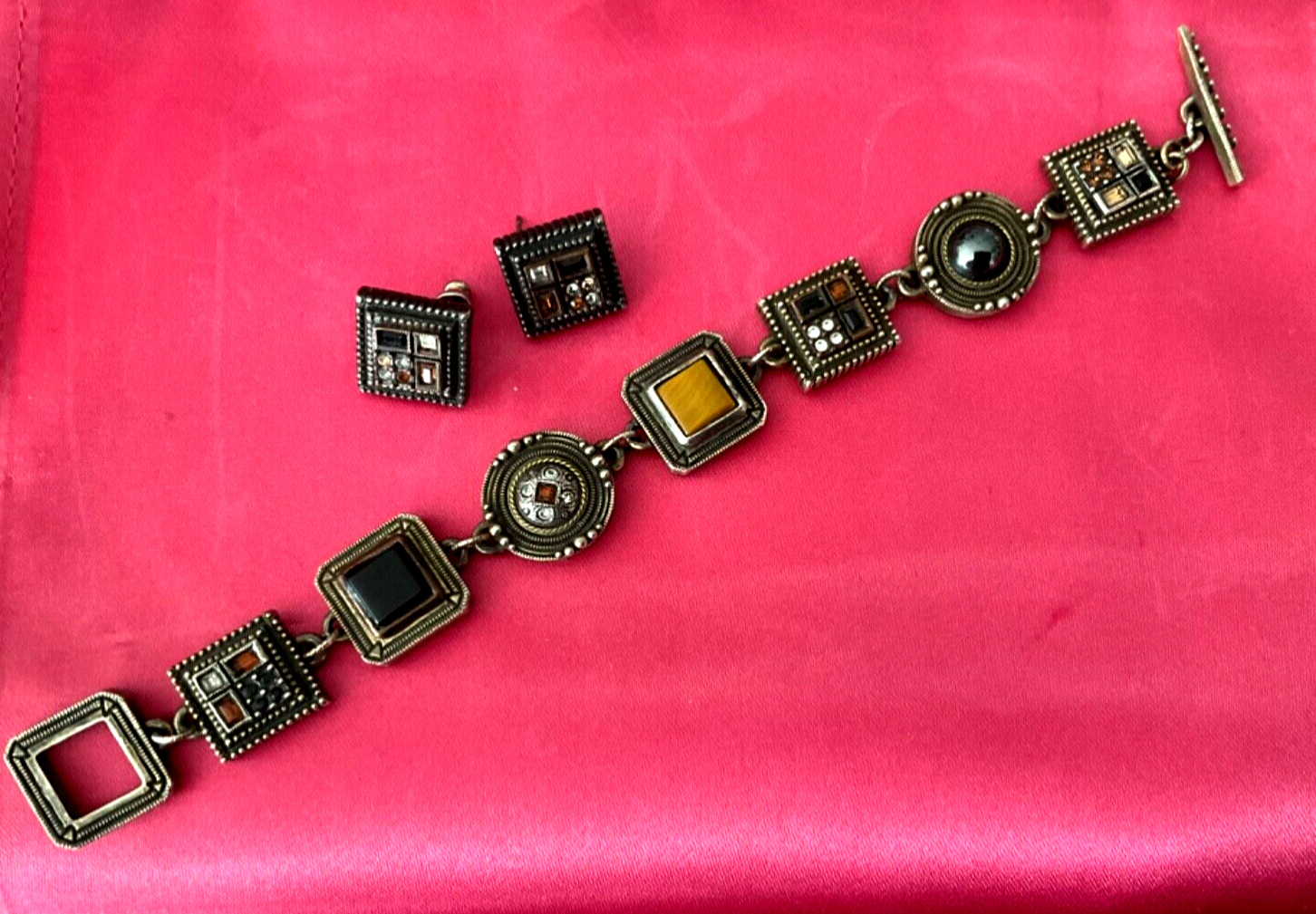 Vtg 80s PATRICIA LOCKE Silver Tone BRACELET & EARRINGS Stones & Crystals