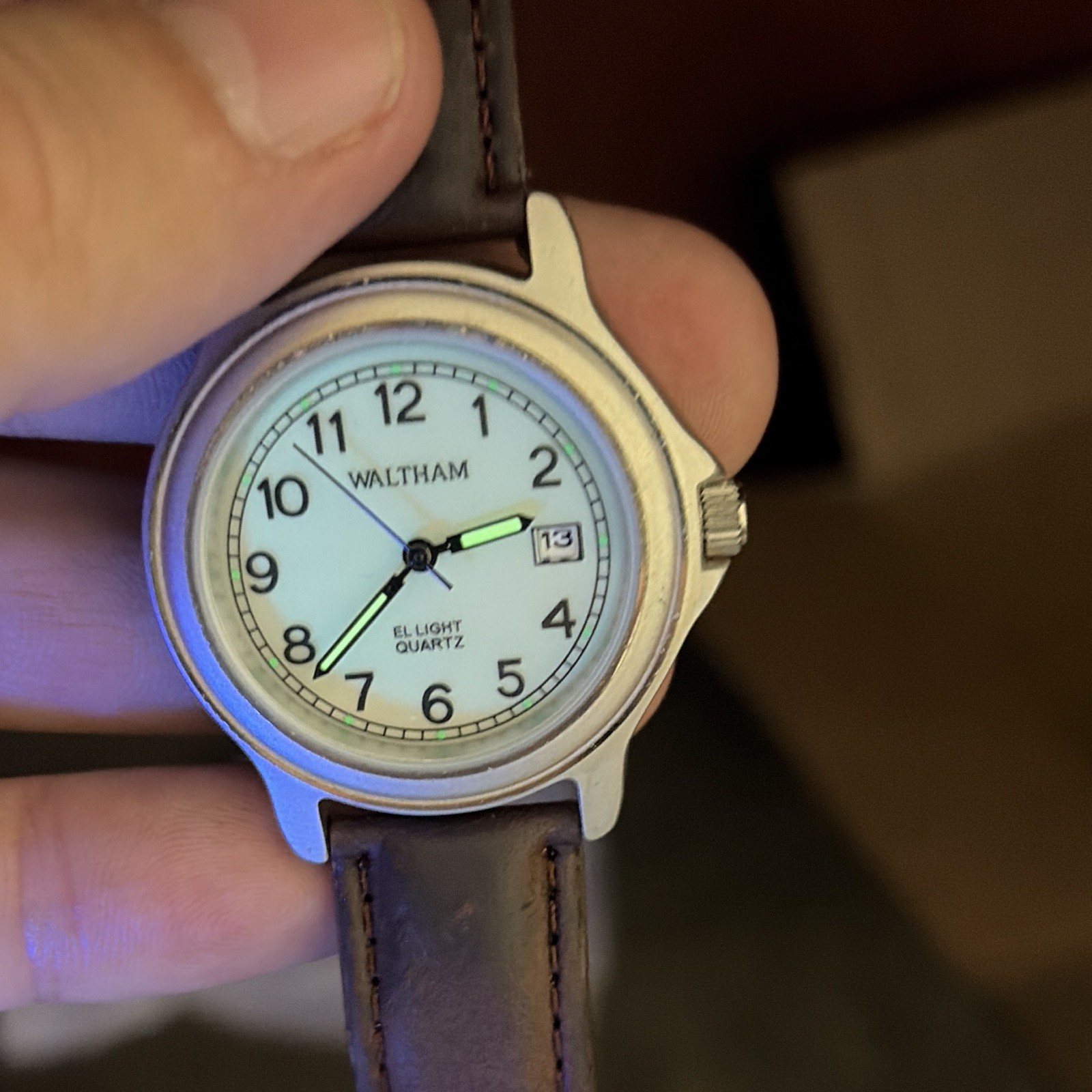 Waltham EL Light Quartz Analog Date Lume White Dial Brown Leather Strap