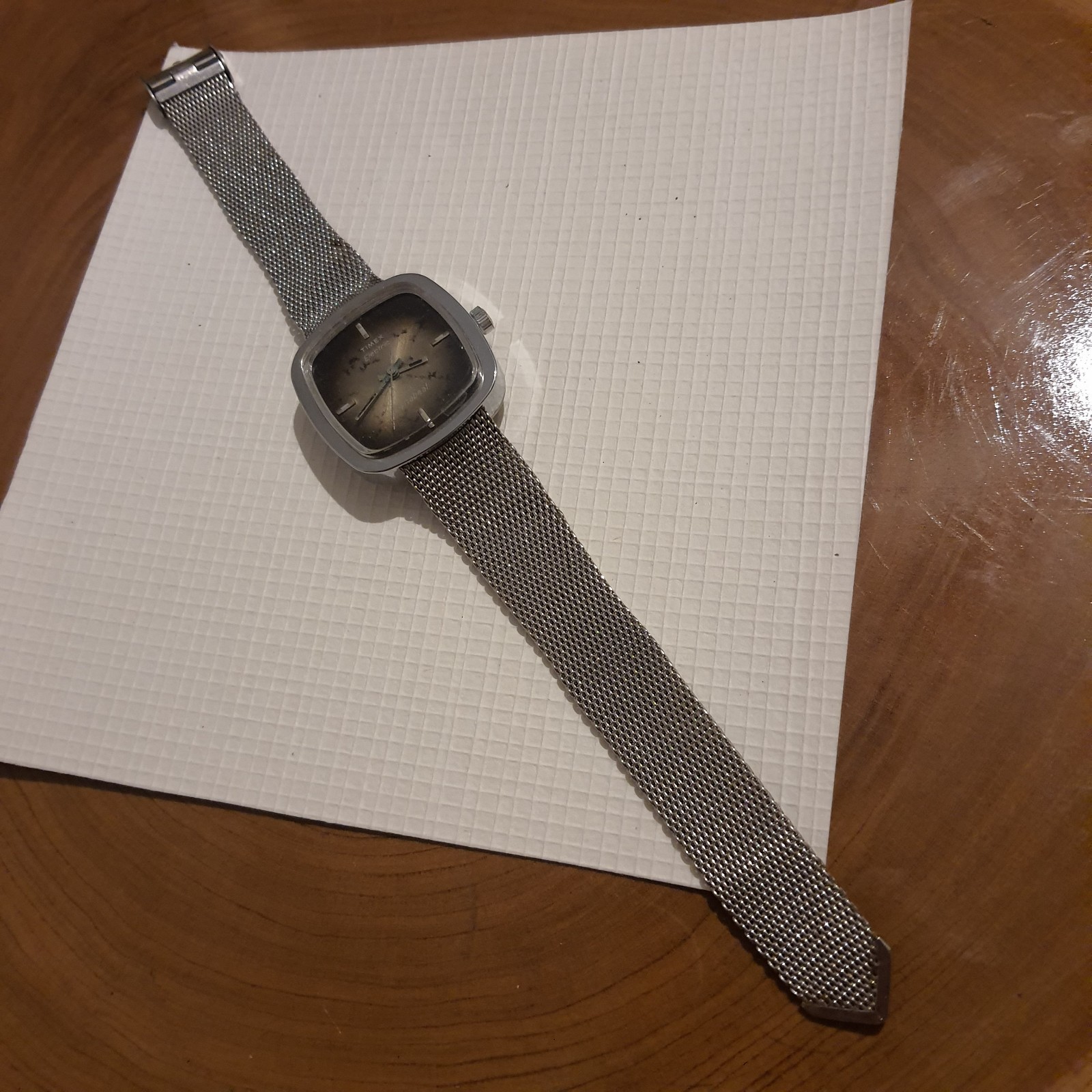 Vintage Timex Electric Dynabeat Chrome Plated Mesh Band Brown Face Analog Watch