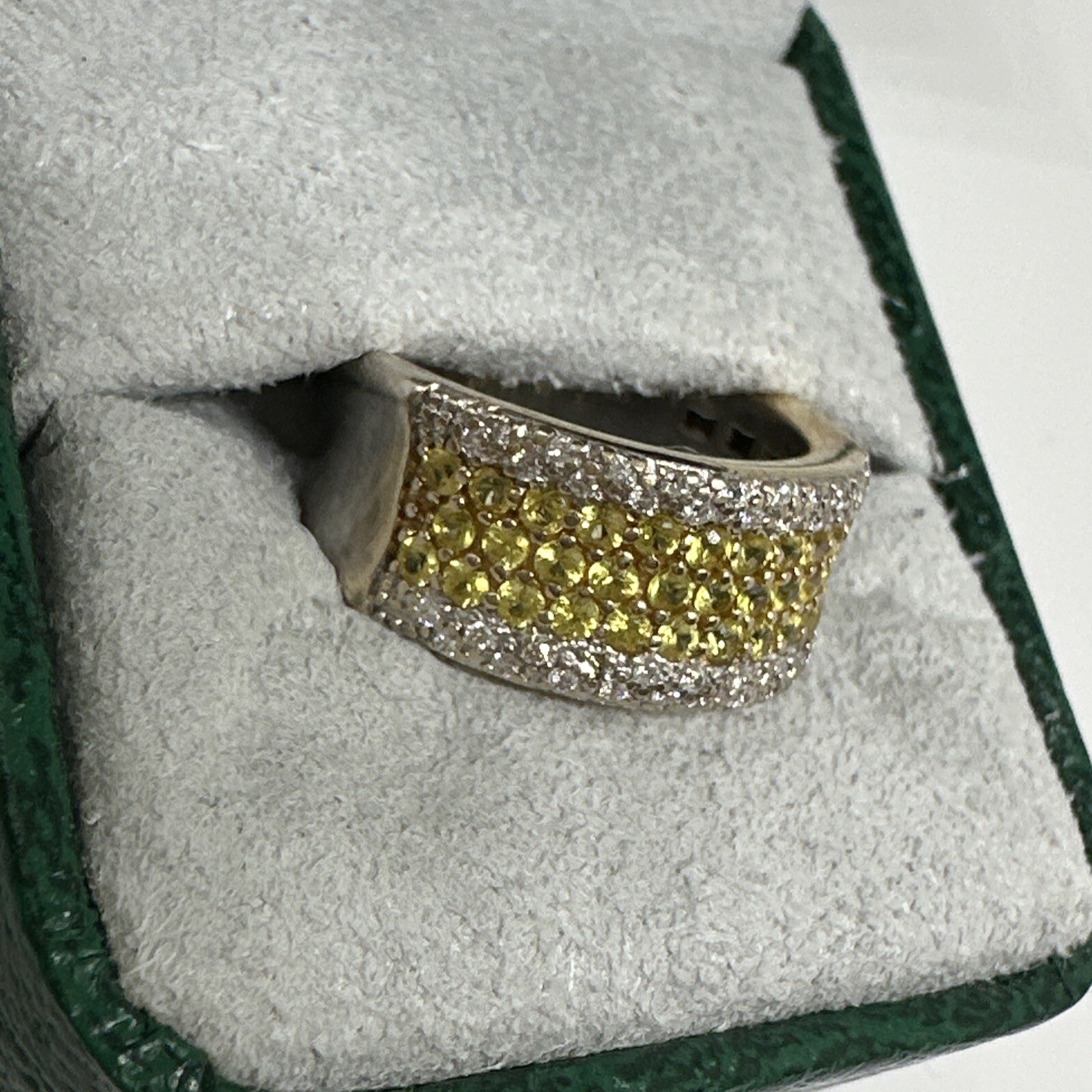 M 18k white gold diamond yellow sapphire wide band ring 10.6g designer 6.75 fine