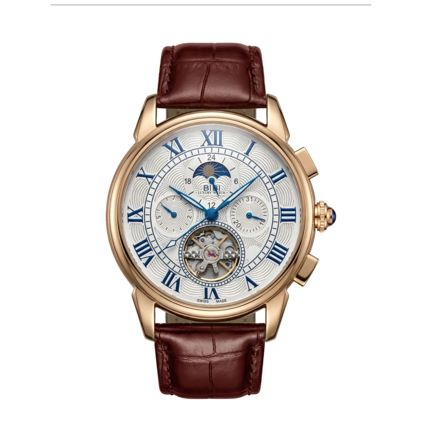 BIBI Luxury Watch B0103 Silver Dial, Rose Gold Case, With Brown Leather Strap
