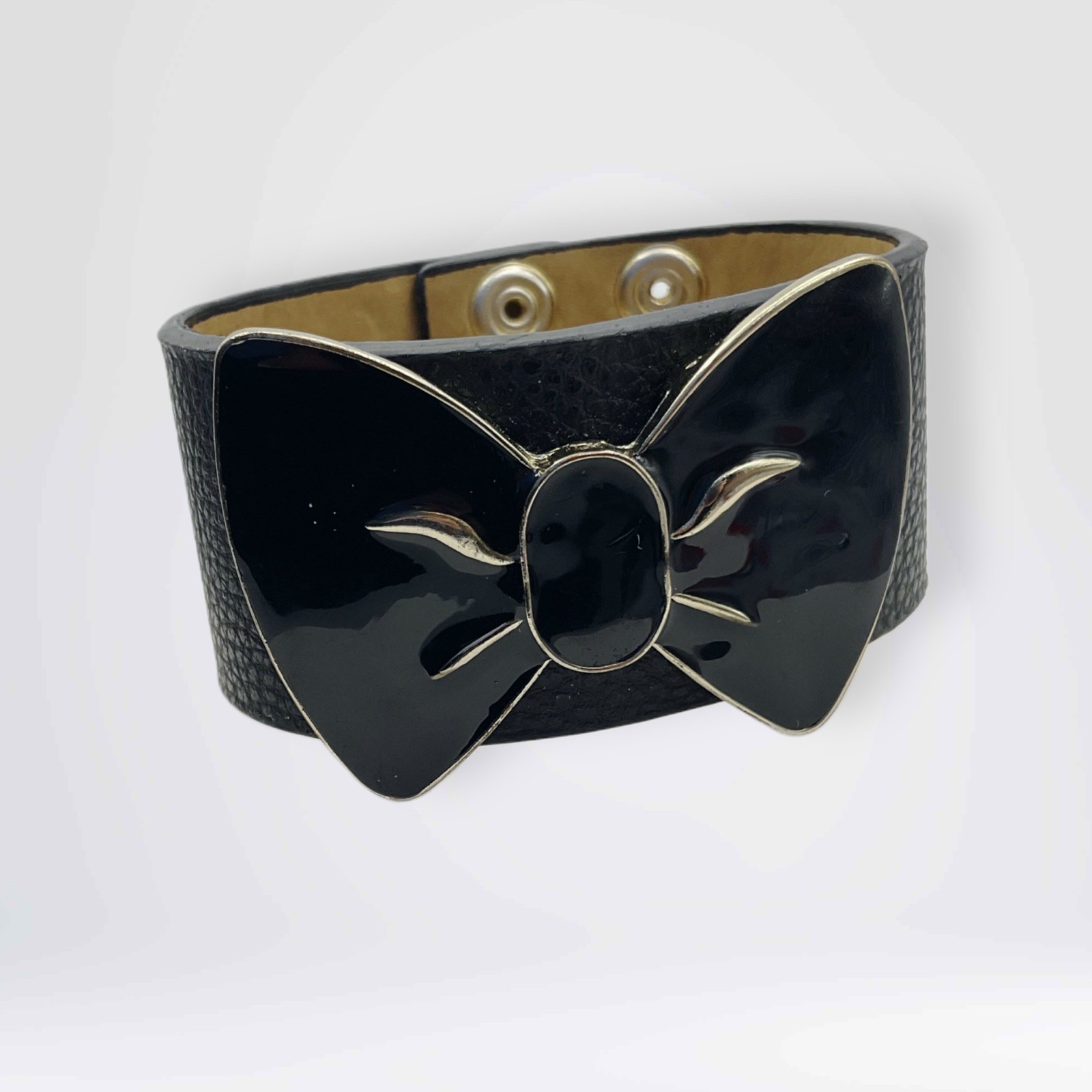 Vintage! Y2K Black Leather Cuff Bracelet Metal Enamel Black Bow, Adjustable