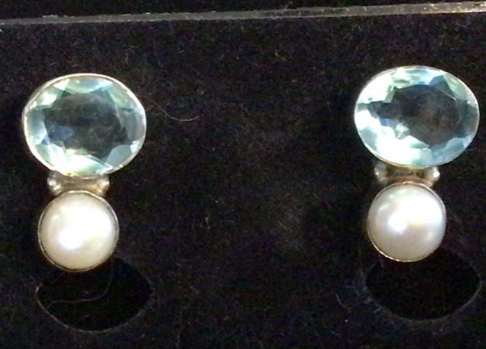 Vintage Hand Crafted Cult Pearl & Aqua Color Earrings in Marked 925 S Silver