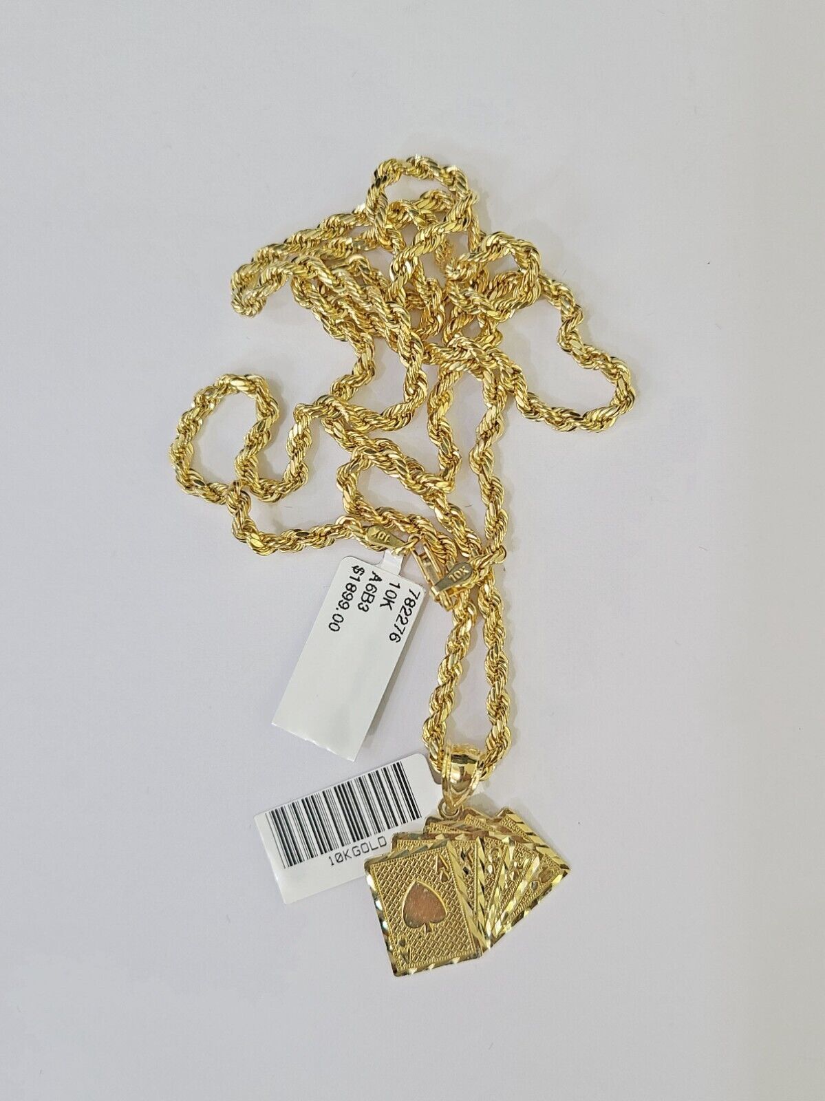 Real 10k 3mm Rope Chain Royal Flush Pendant 18″ 20″ 22″ 24″ 26″ Gold Set