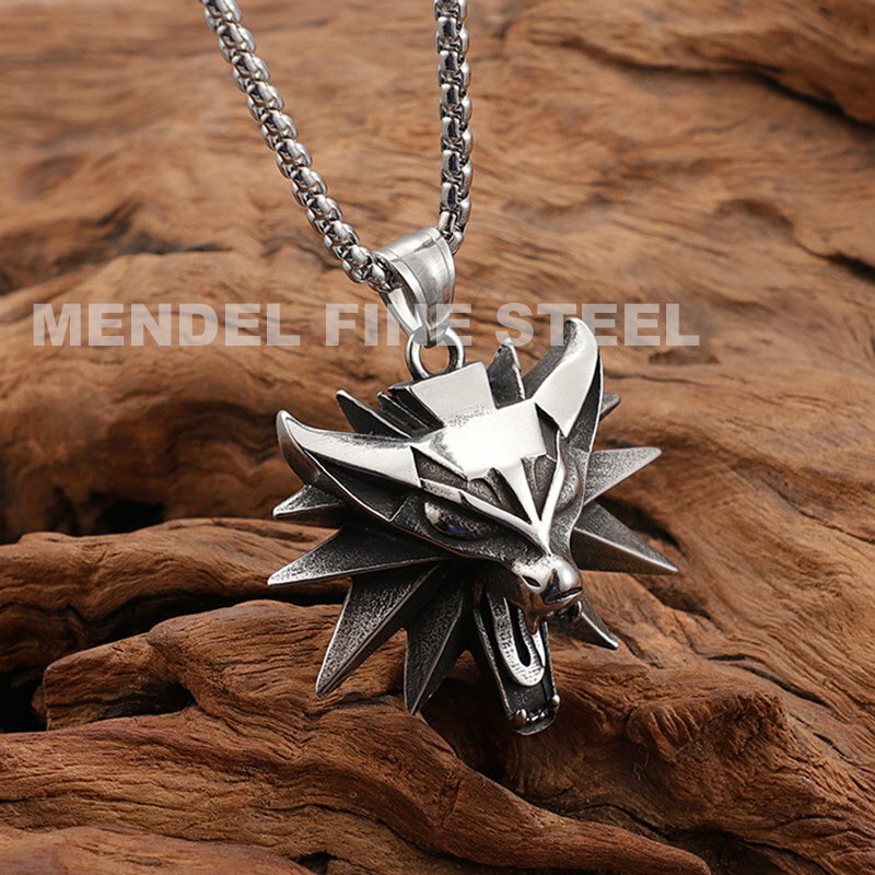 MENDEL Mens Fashion Viking Fenrir Wolf Head Pendant Necklace Stainless Steel Set