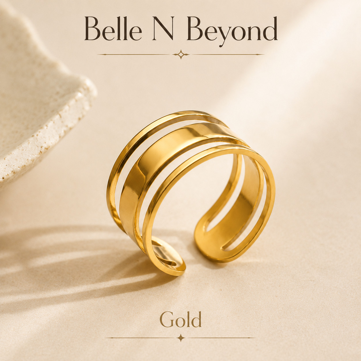 Wide Triple Band Open Ring Gold Silver Tone Stainless Steel Women’s Jewelry