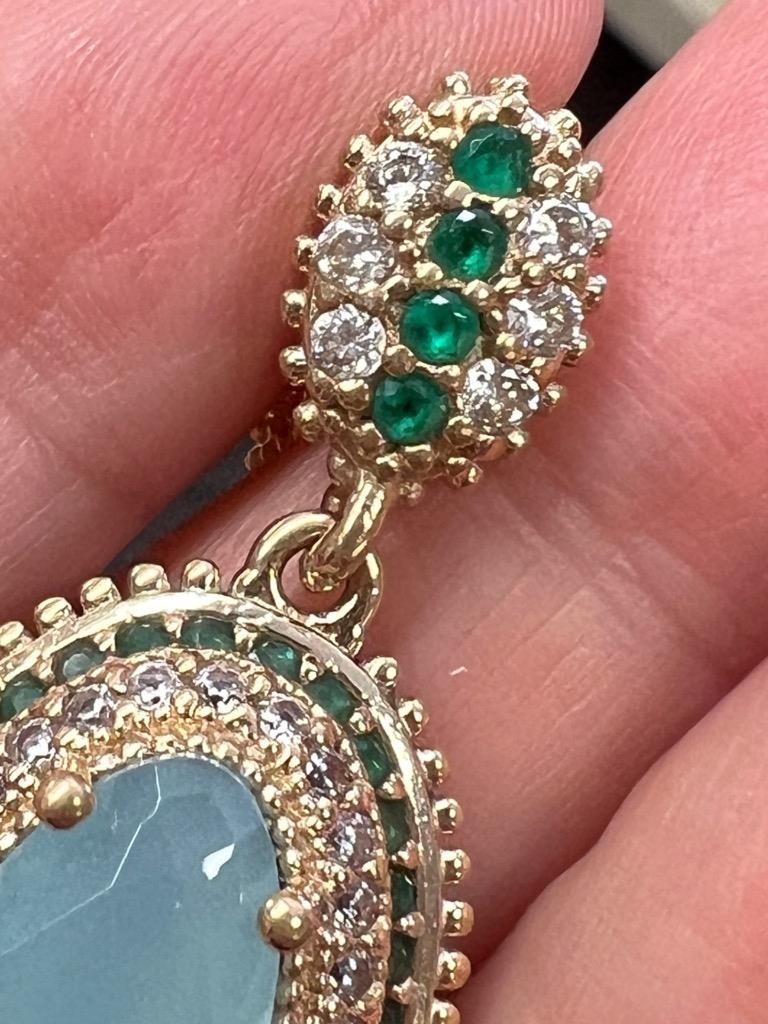 REAL Milky Aquamarine 14K Gold on SOLID 925 White Sapphire Victorian Rev Oblong