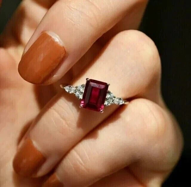 Emerald Cut Simulated Red Ruby 925 Silver Wedding Ring In 14k White Gold Plated