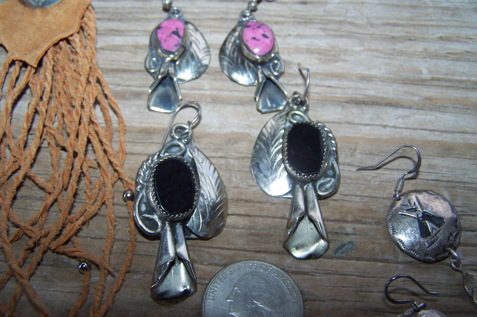 Southwestern Nickle Silver Stone Fetish Feather Squash Blossom Earrings Lot of 6