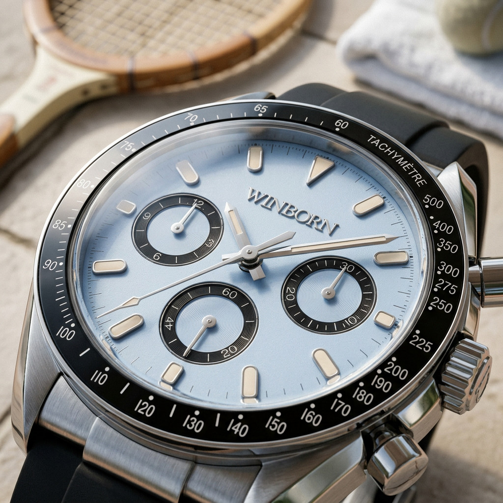 Winborn Ice Blue Dial Chronograph Watch Rubber Strap Tachymeter VK63 41mm