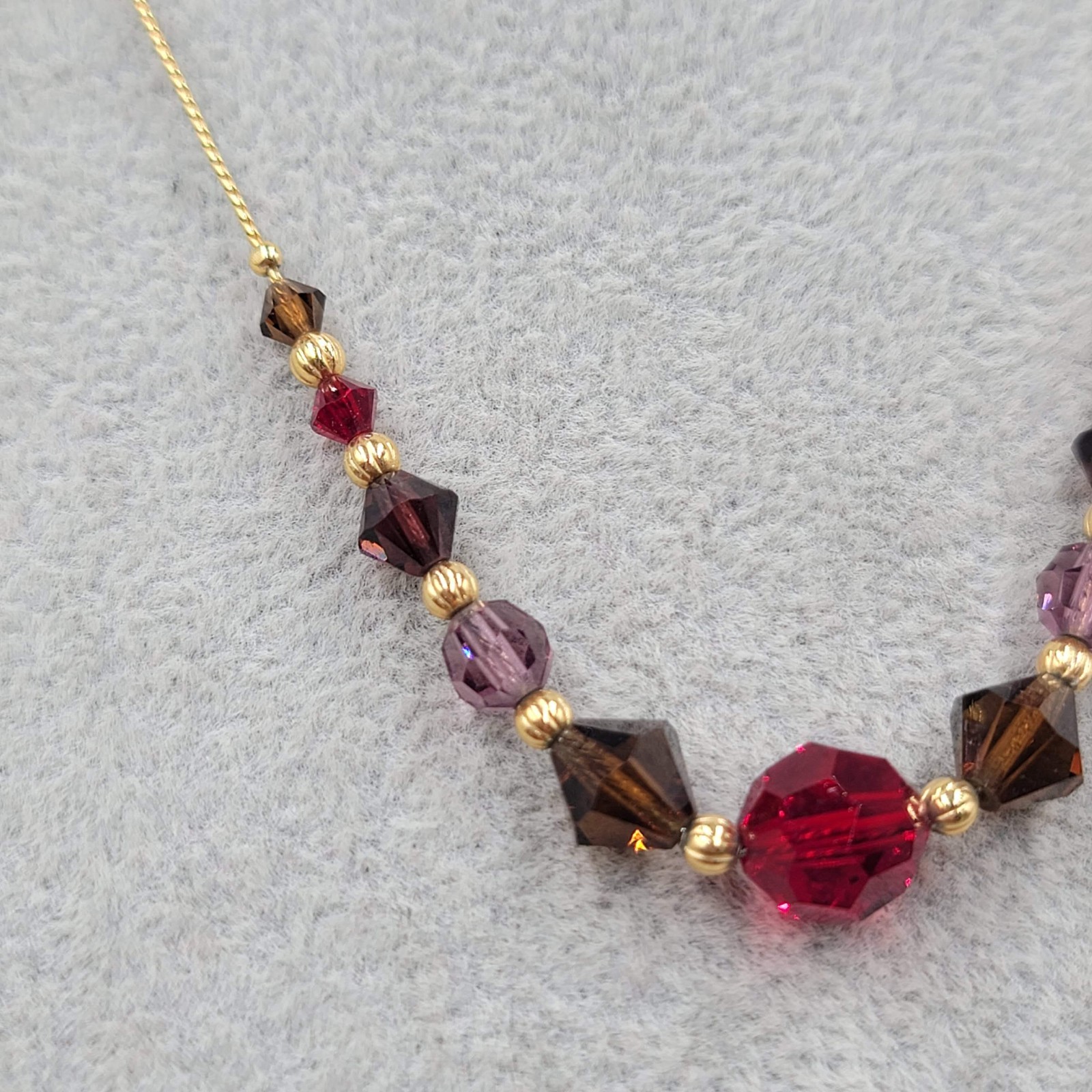 Red Brown Purple Crystal Bead Necklace Gold tone Chain 16″-19″