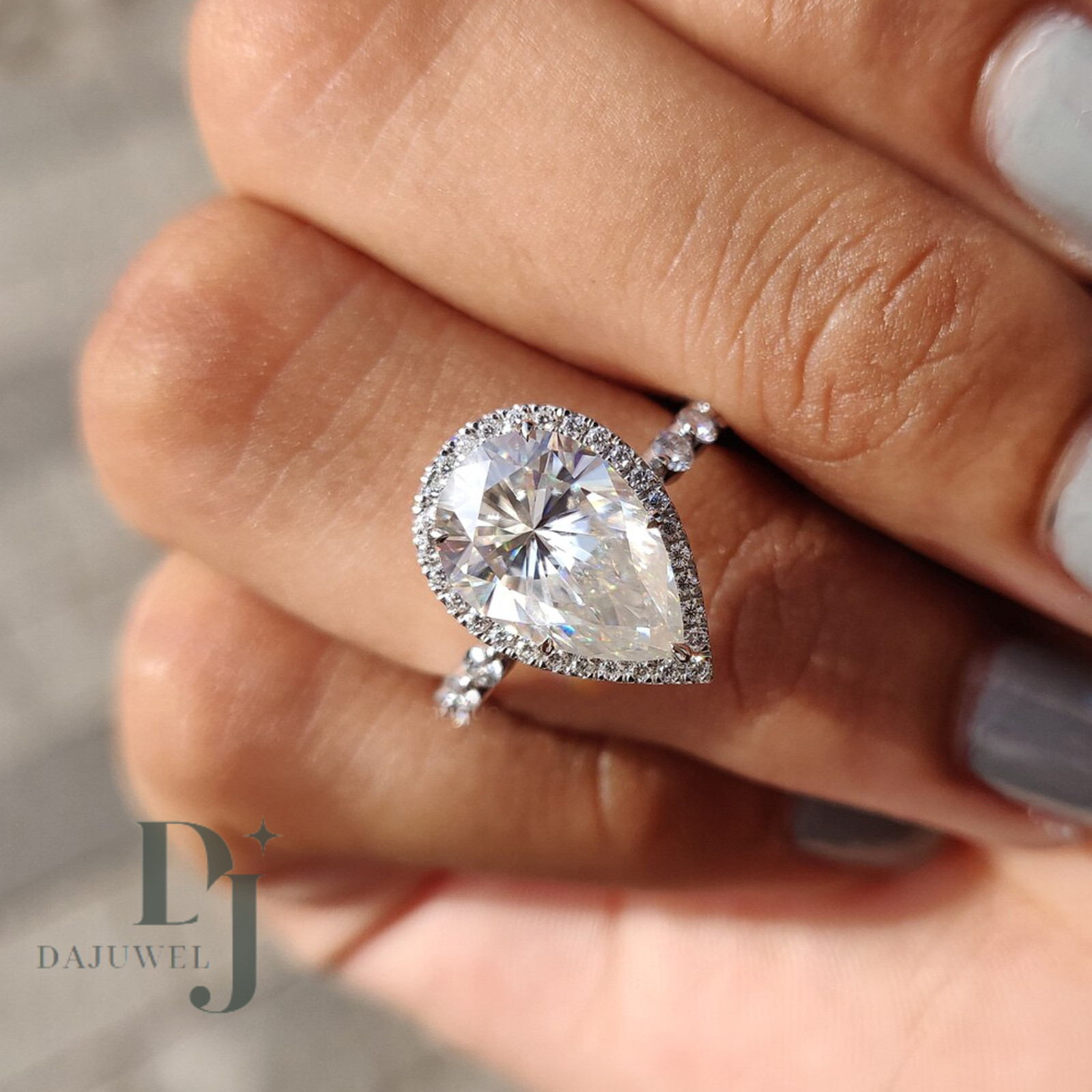 2.80 CT Excellent Pear Cut Moissanite Halo Engagement Ring Solid 14K White Gold