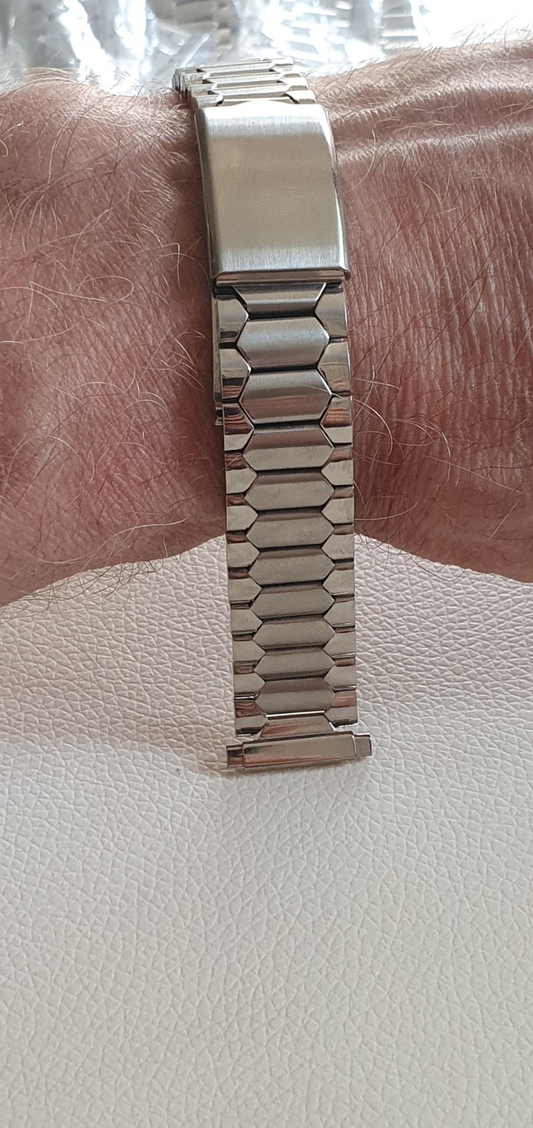 NOS Vintage Stainless Steel Coffin Link Watch Band 16-20mm Telescopic Bracelet