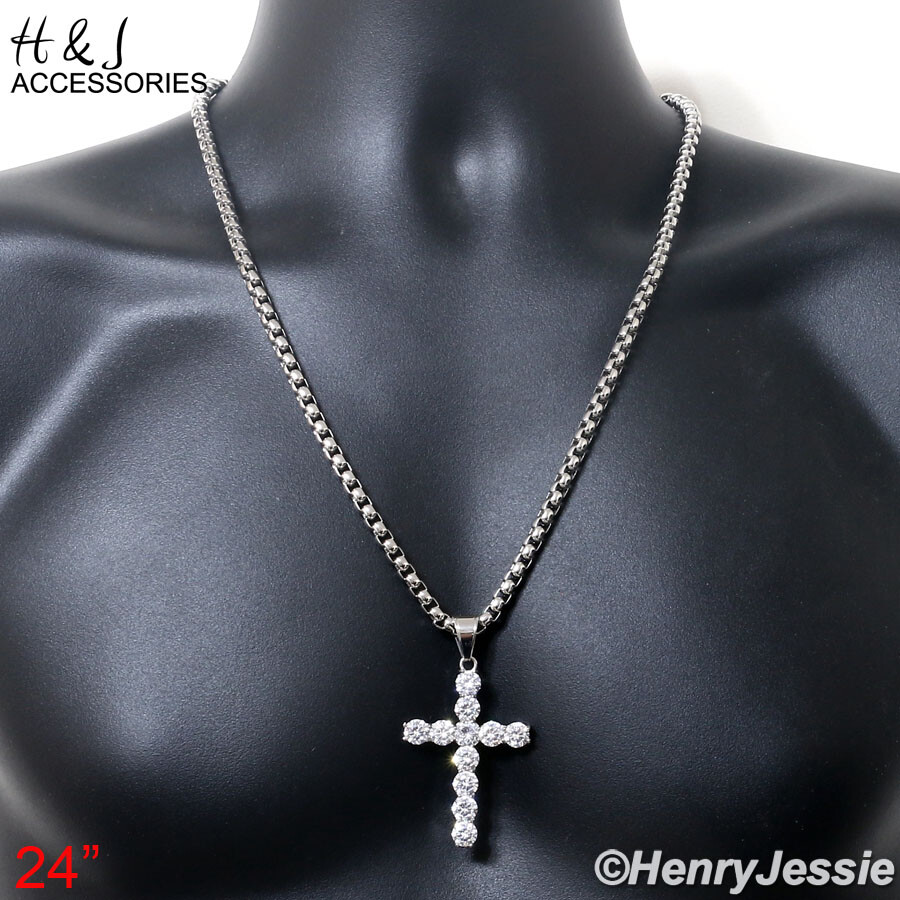 18″-40″Stainless Steel 5mm Silver Box Link Chain Row Tennis CZ Cross Pendant*138