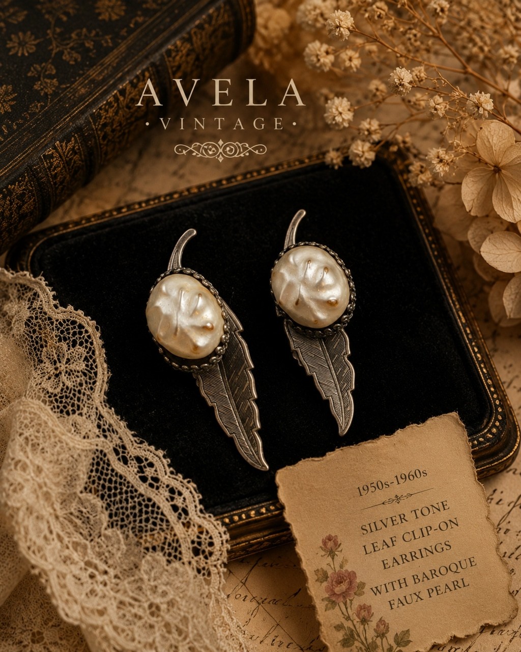 Vintage Silver Tone Leaf Clip-On Earrings with Baroque Faux Pearl | Mid-Century