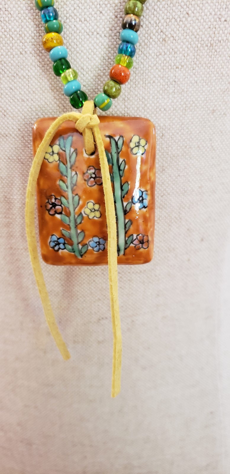 Handmade Ceramic Floral Pendant Necklace Czech Glass Beads Boho 32″ OOAK