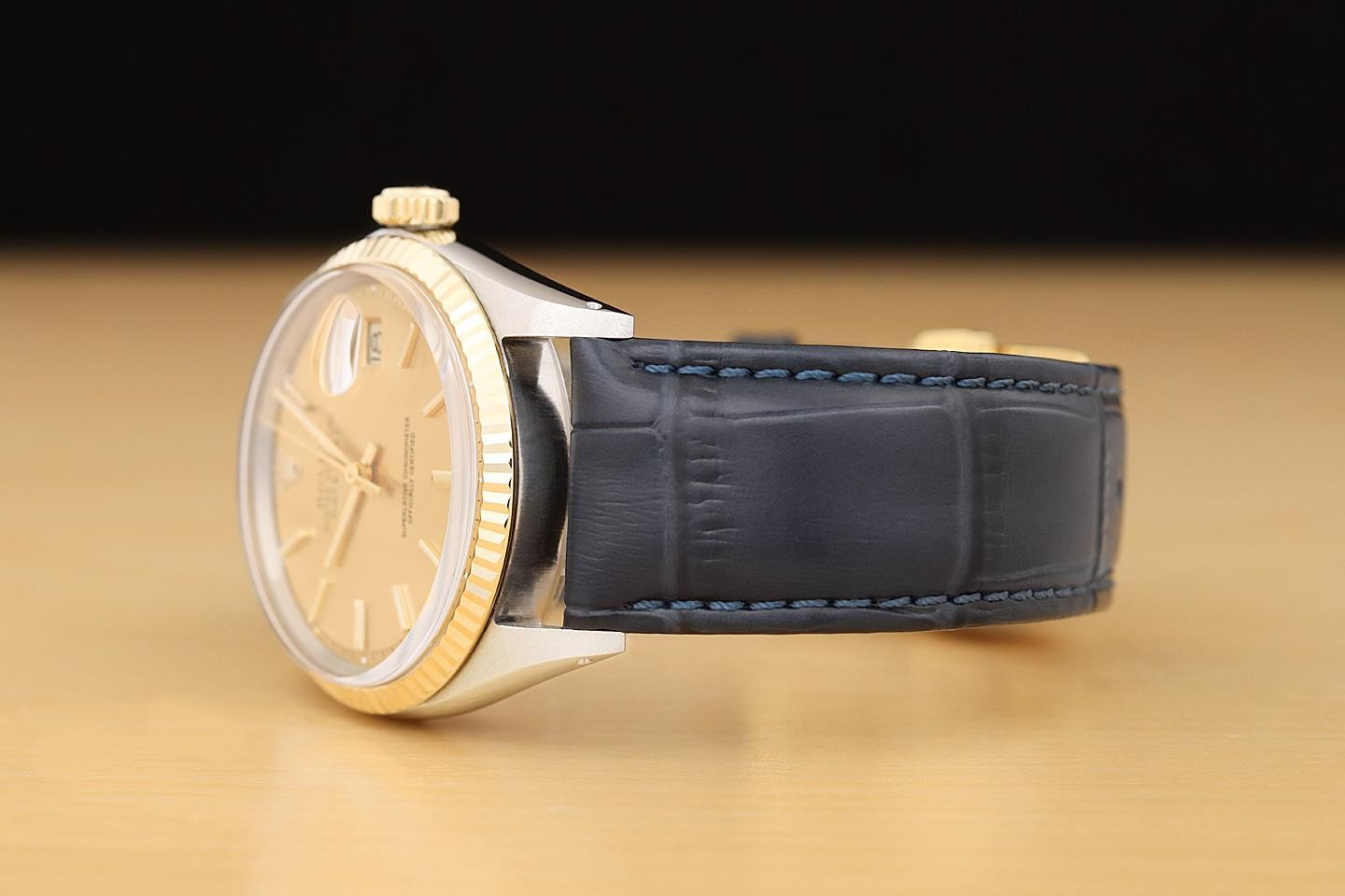 ROLEX DATEJUST 1601 14K YELLOW GOLD STEEL CHAMPAGNE DIAL BLUE LEATHER BAND WATCH