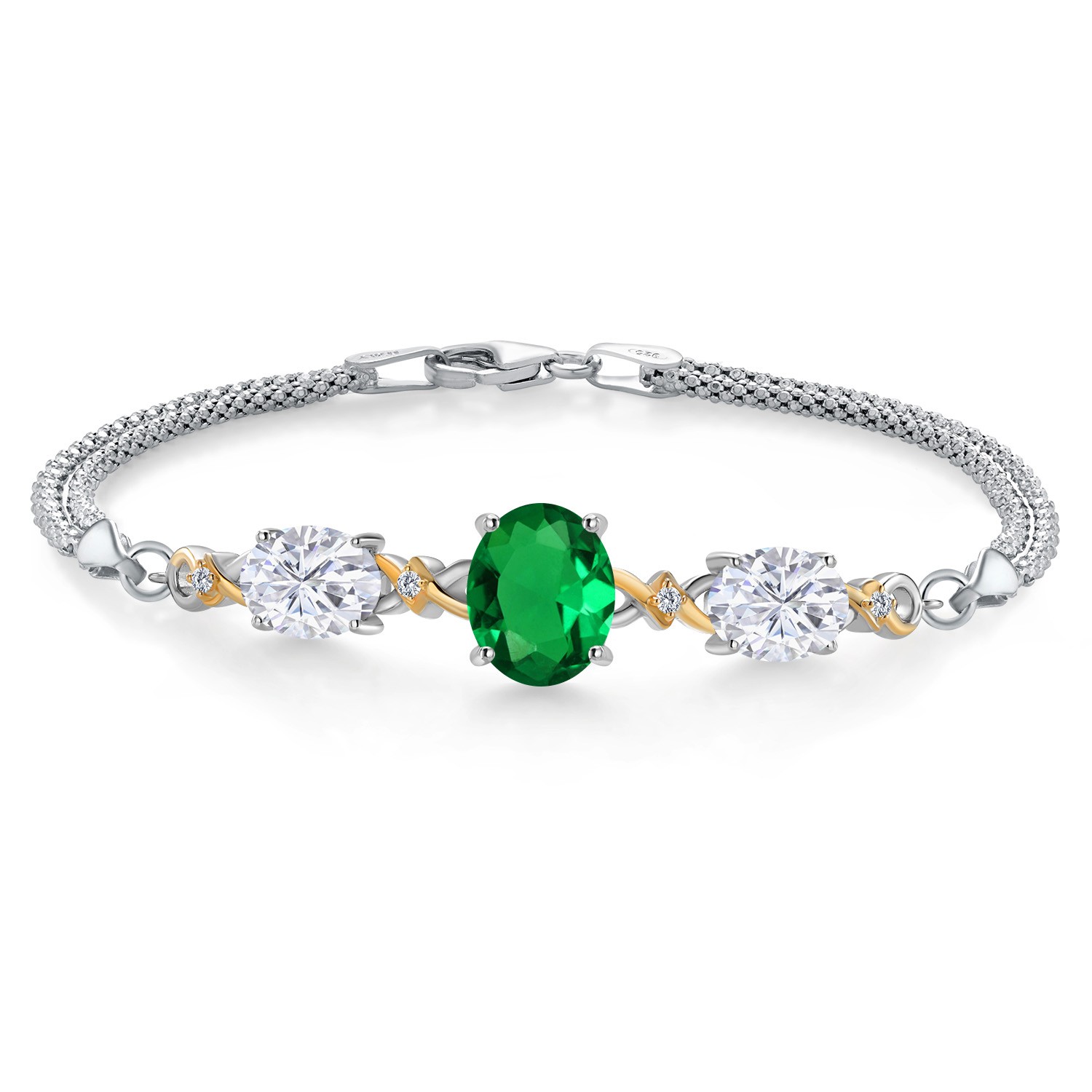 925 Silver and 10K Yellow Gold Nano Emerald and White Moissanite and Lab Grown