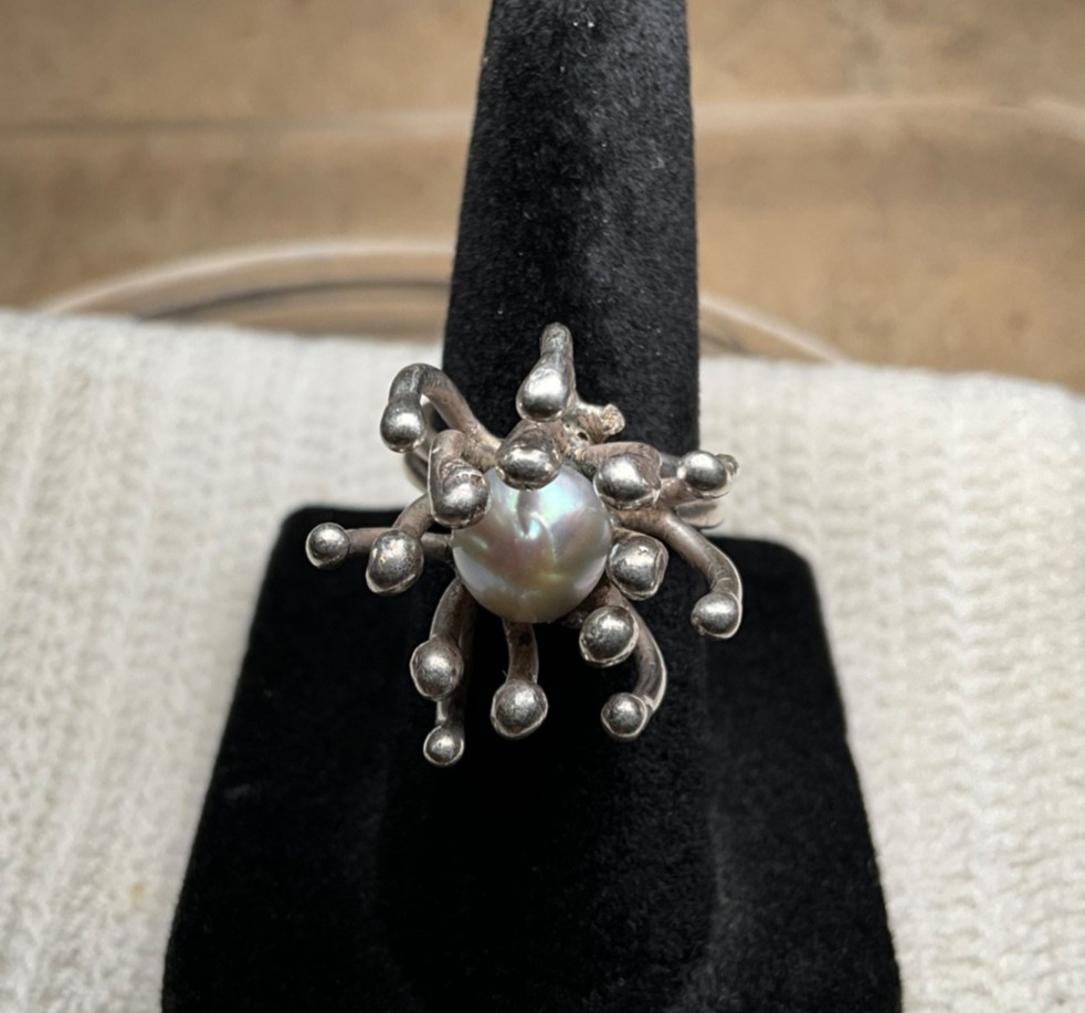 Brutalist Sterling Silver Ring Genuine Pearl Size 5