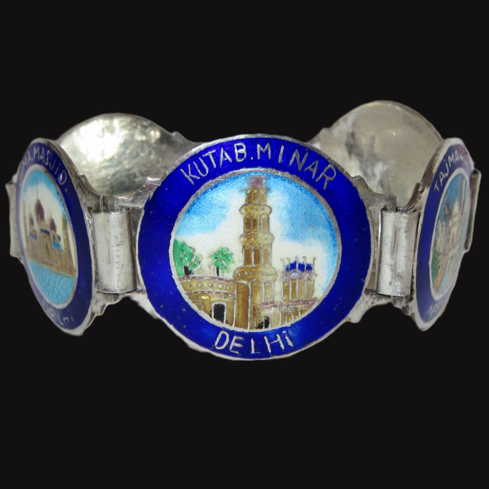 VTG Art Deco Silver Enamel India Souvenir Bracelet Taj Mahal Golden Temple Delhi