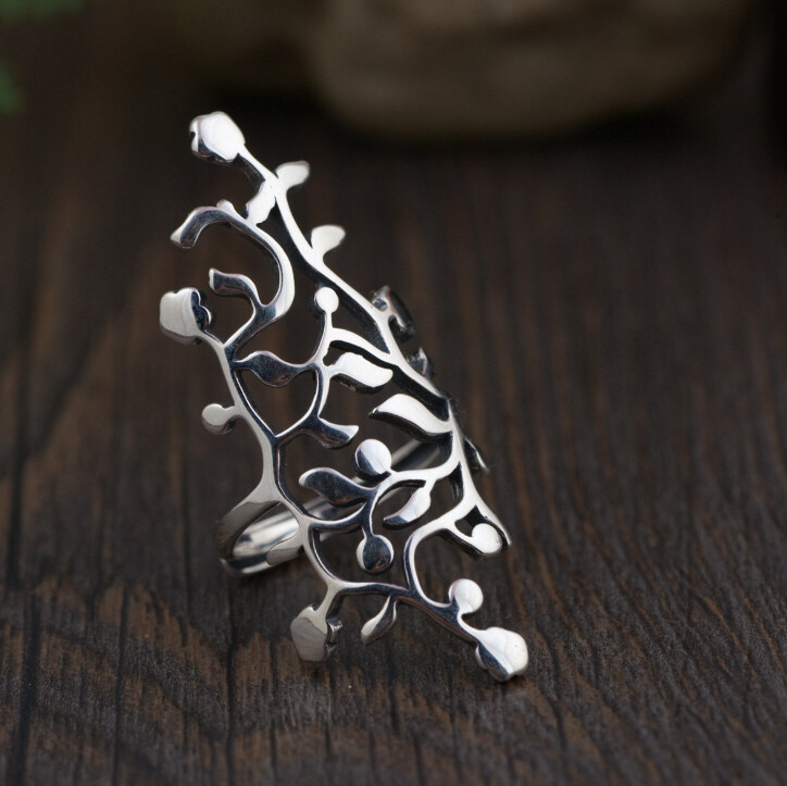 I05 Ring Silver 925 Vine Ornament Leaves Adjustable Size