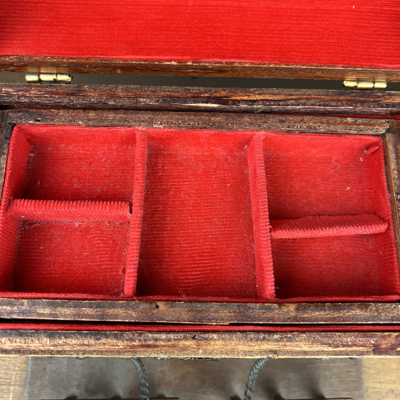 VTG Mid Century Castle Wooden Jewelry Box Red Velvet Lined 13.5″ Medieval Patina