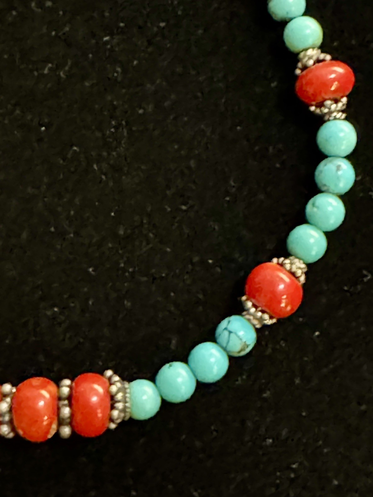 Vintage Native America Southwest Turquoise, Red Coral & Sterling Necklace