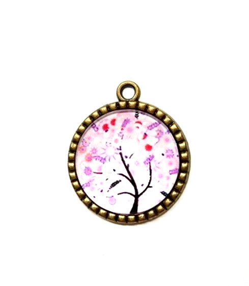 10 Antique Gold Round Colorful Purple Red Glass Tree of Life Pendants 35x30mm