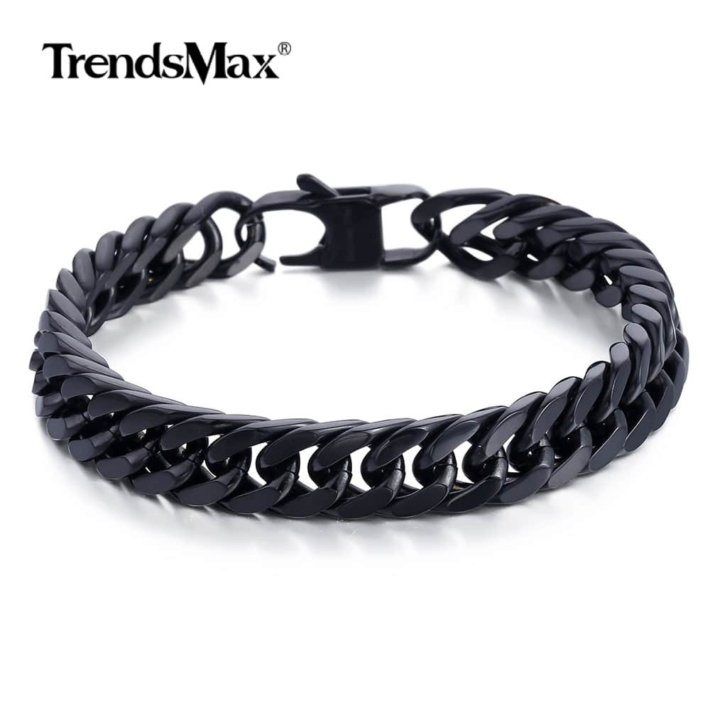 10mm 316L Stainless Steel Black Cut Curb Cuban Link Rombo Chain Bracelet 7″-11″