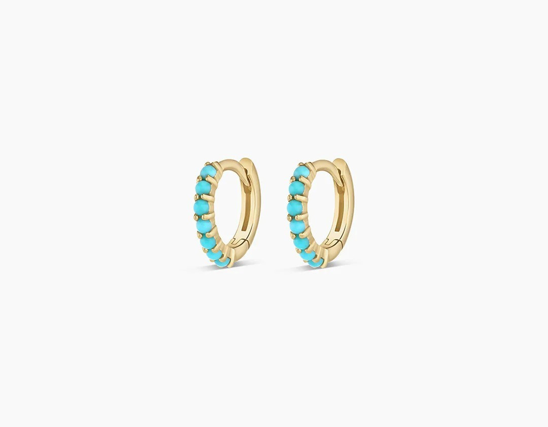Turquoise Hoop Huggie Earrings In Solid 14K Yellow Gold Handmade Jewelry