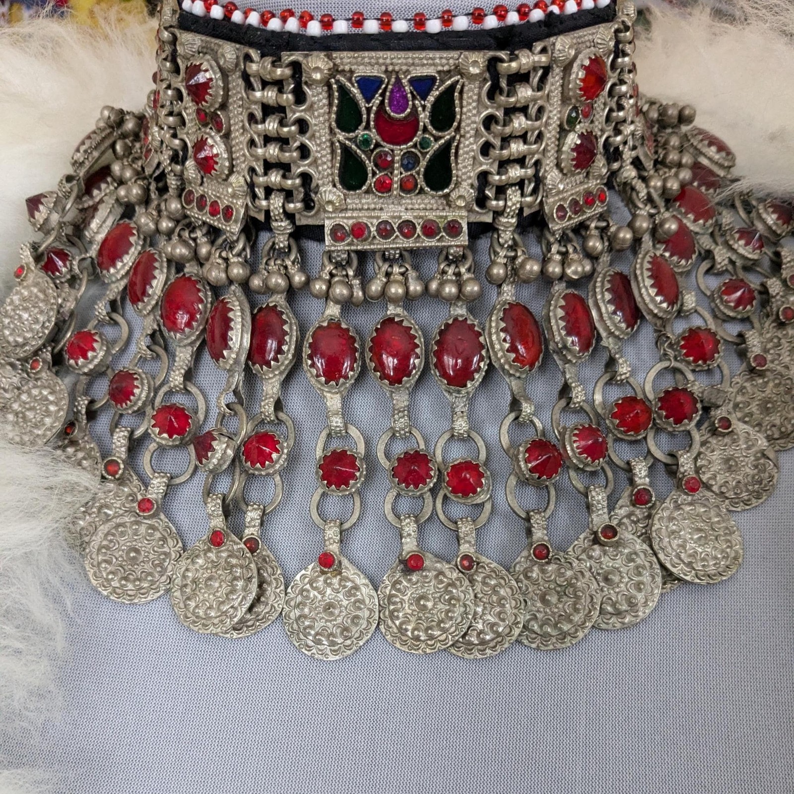Vintage Kuchi Tribal Choker Bib Necklace Jingling Dangles Red Glass (19576)