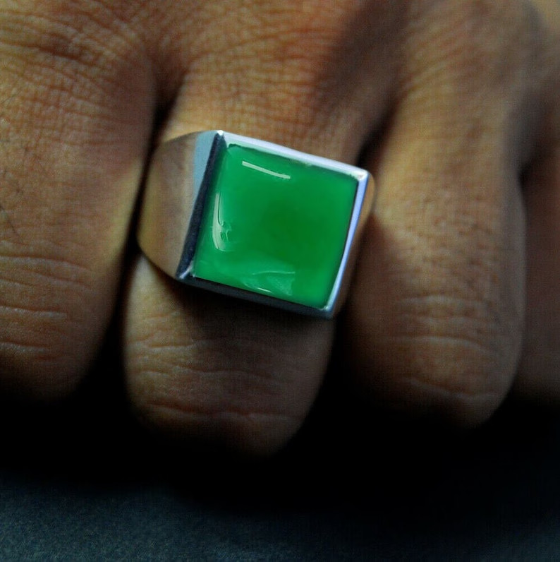Solid 925 Sterling Silver Natural Green Onyx Gemstone Signet Men’s Unisex Ring