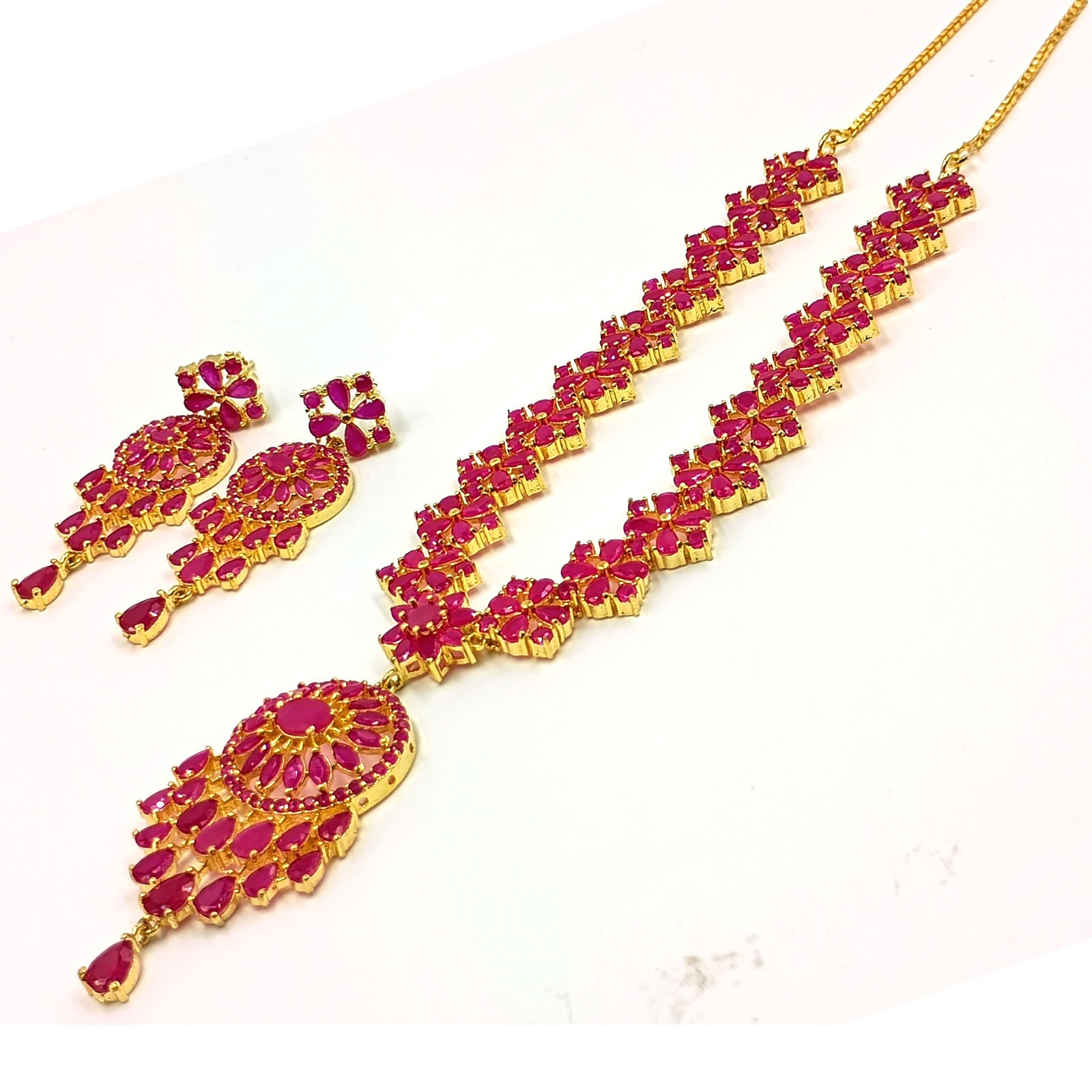 Traditional Ruby Necklace Set 22k Gold Plated Indian Bridal Jewelry For Women’s