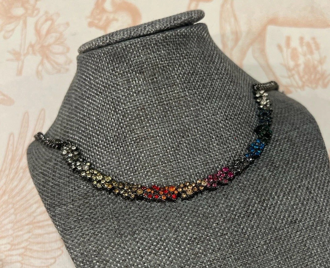 Rhinestone Collar Statement Necklace Signed Logo Stunning Gunmetal EUC H4