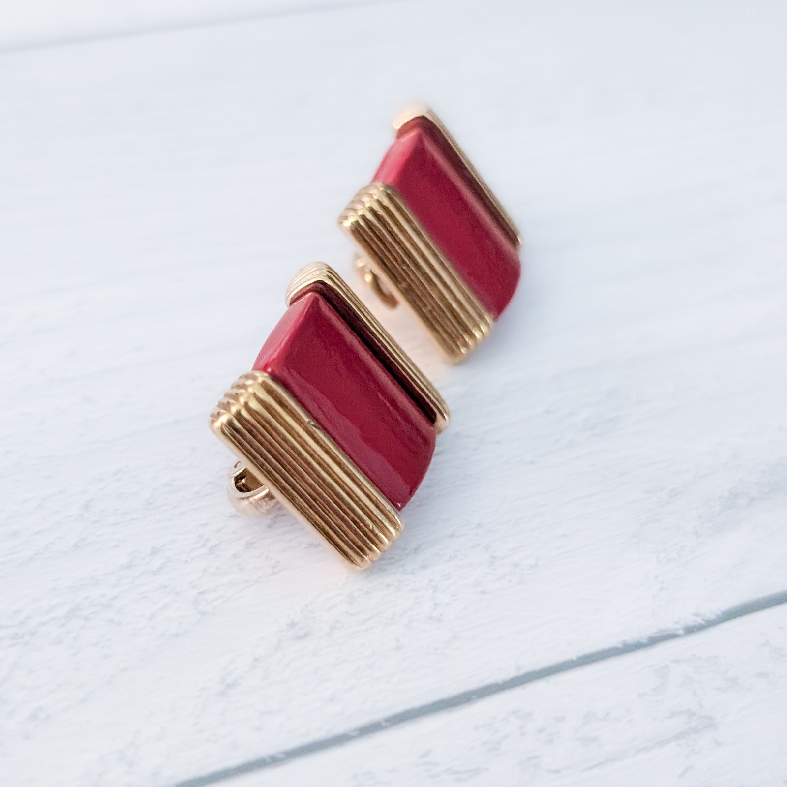 Vintage Nina Ricci Clip On Earrings Gold Tone & Red Statement 1980’s Earrings