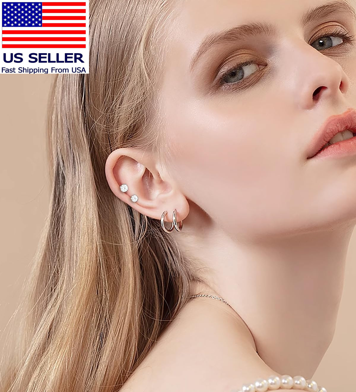 Surgical Steel Flat Back Earrings Set for Multiple Piercing Sensitive Ears,Sterl