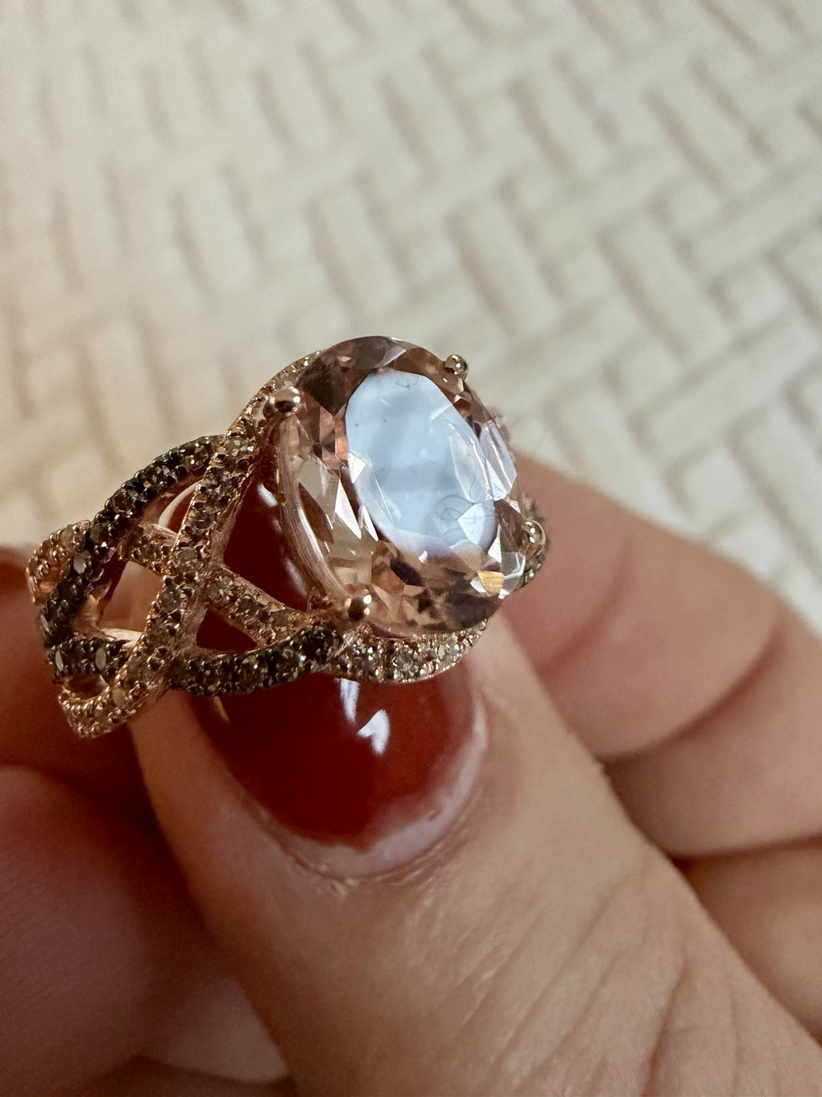 Brand New 1.90 Ct Morganite Ring In Rose Gold With .39ct Of Diamonds