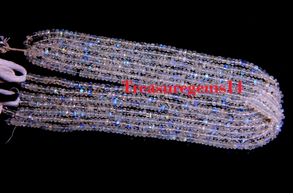 3-4 mm. NATURAL BLUE FIRE RAINBOW MOONSTONE FACETED RONDELLE BEADS 13″ STRAND