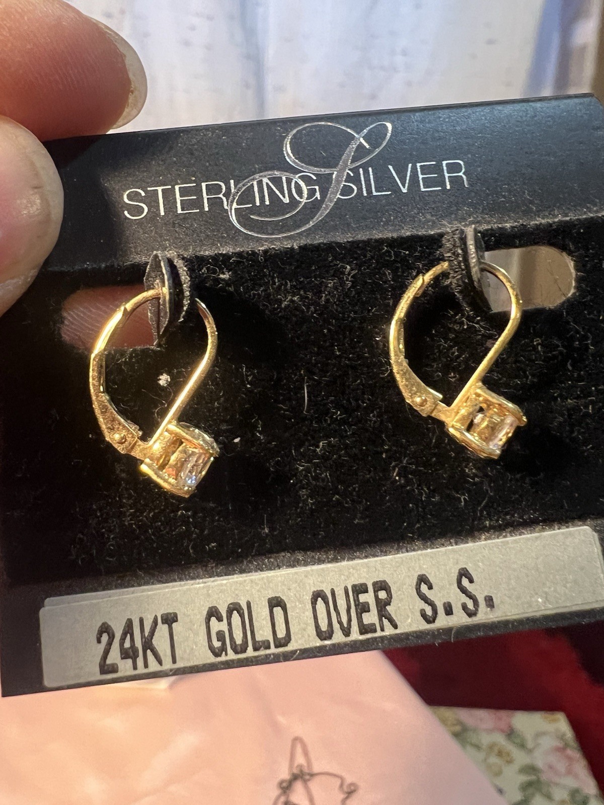 Vtg 24k GP Sterling Silver Cubic Zirconia Dangle Drop Earrings Lever Back
